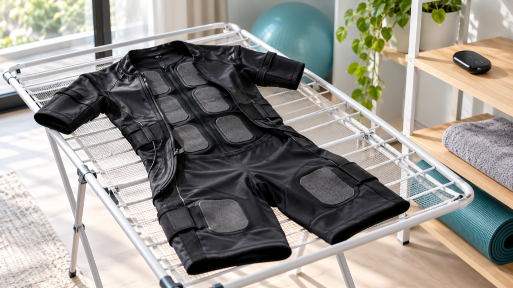 How to remove odor from EMS suit fabric with thorough air drying and the controller stored separately.