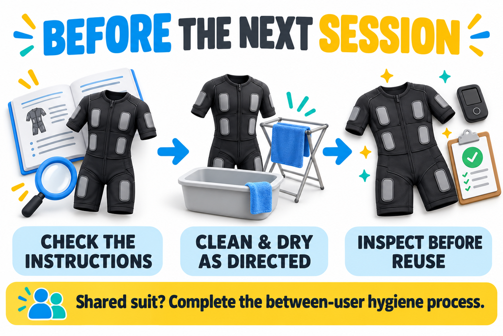 Guide to how often to wash EMS suit showing care instructions, approved cleaning and drying, and inspection before reuse.