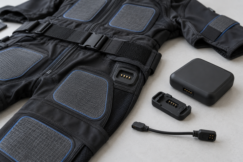 EMS cables and connectors beside a training garment and detached controller.