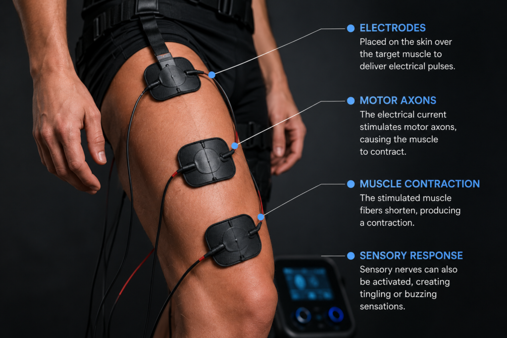 EMS electrodes placed on the thigh to stimulate motor axons and produce an EMS muscle contraction.