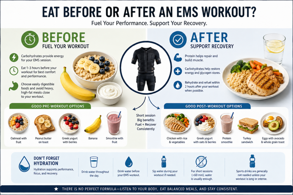 A graphic showing what to eat before or after an ems workout.