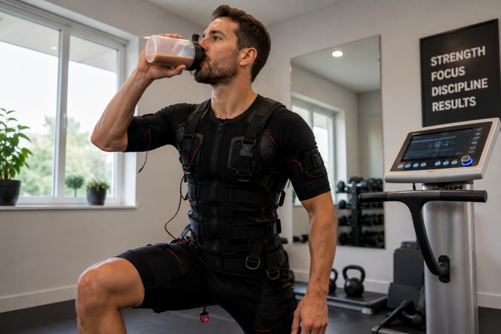 A man chugging a protein shake to show you can eat before or after an ems workout.