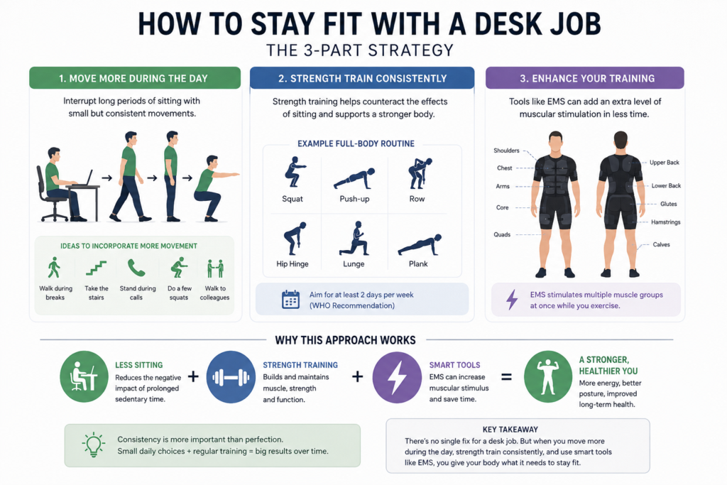 An infographic detailing how to stay fit with a desk job.