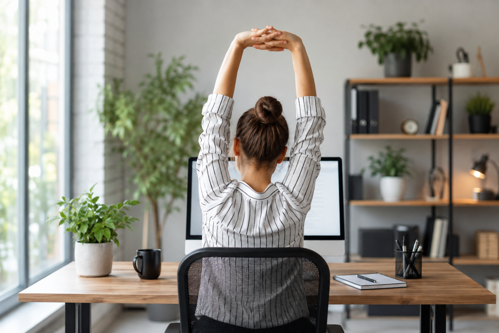 A woman stretching at her desk, showing how to stay fit with a desk job.