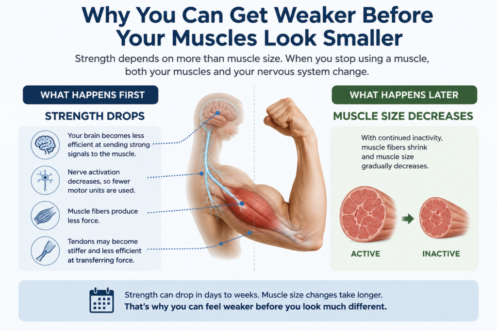 Visual explaining how inactivity affects muscle strength and how regular muscle contractions help keep muscles active.