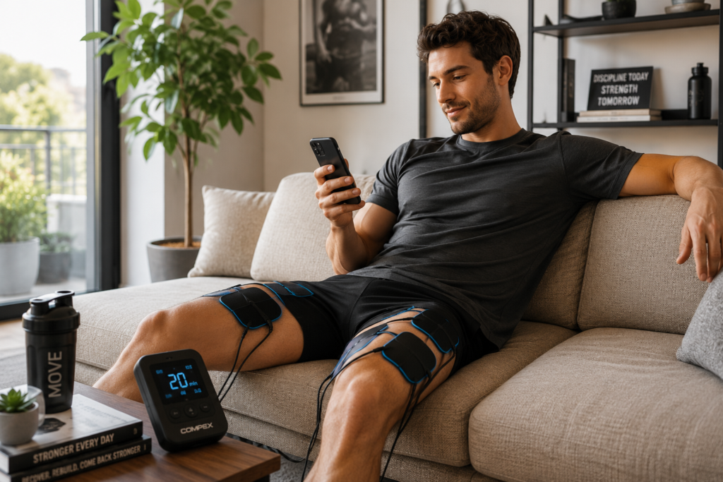 Young man using EMS pads on his leg muscles while relaxing at home.