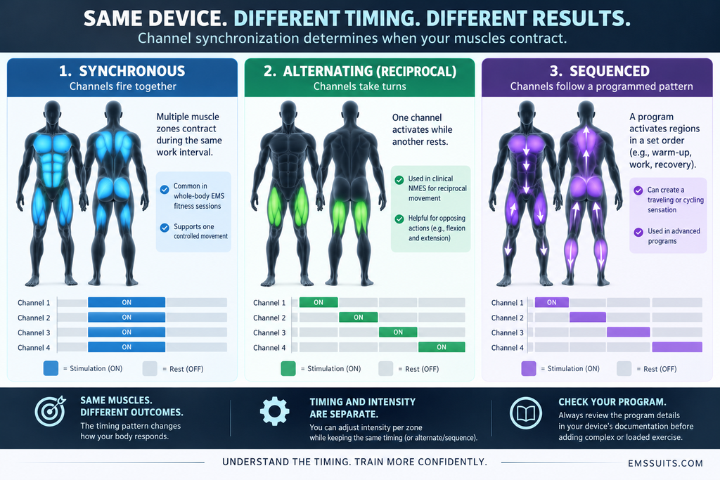 EMS channel synchronization graphic comparing synchronous, alternating, and sequenced stimulation patterns across multiple muscle zones.