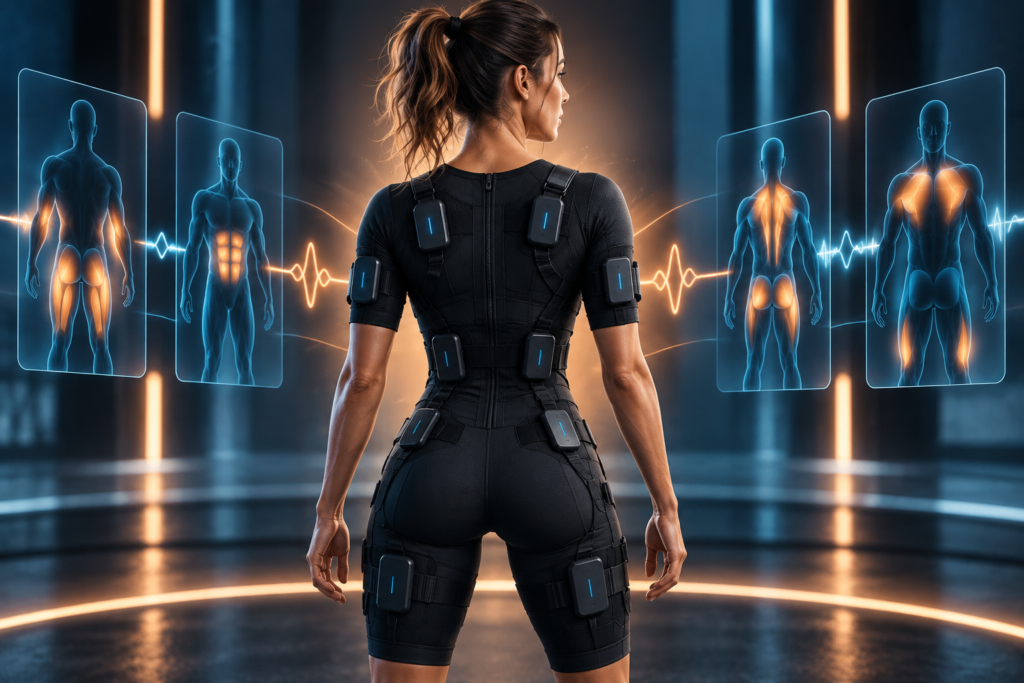 EMS channel synchronization featured image showing a multi-channel EMS suit coordinating electrical stimulation across multiple muscle zones.
