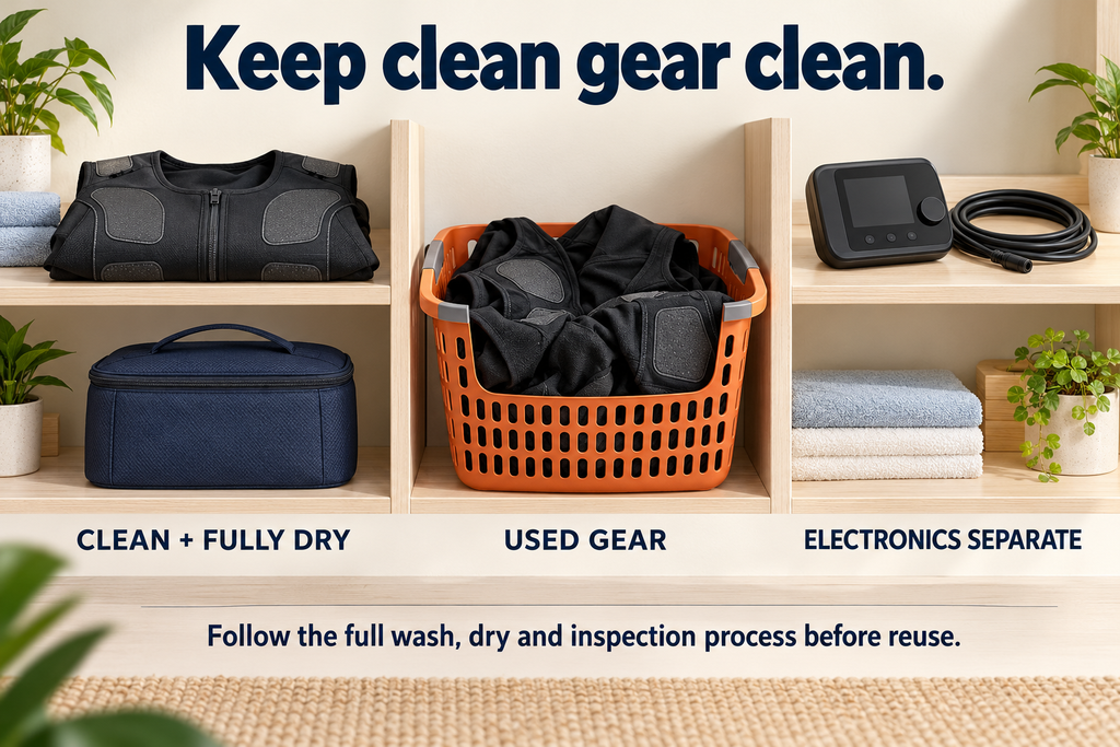 Remove odor from EMS suit care guide showing separate storage for clean, dry garments, used gear, and electronics.