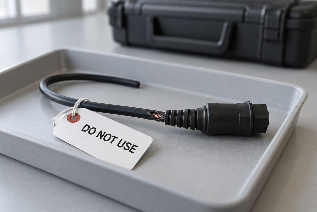 Damaged EMS cables and connectors isolated with a do-not-use tag for service.