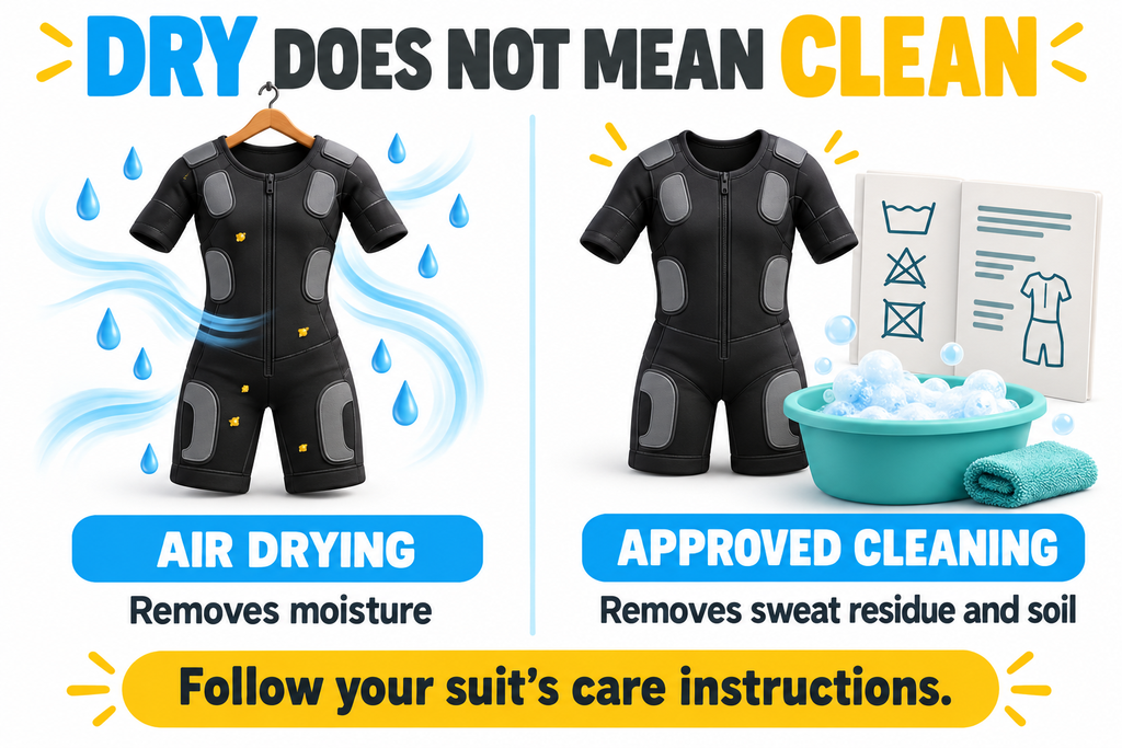 Guide to how often to wash EMS suit showing that air drying removes moisture while approved cleaning removes sweat residue and soil.