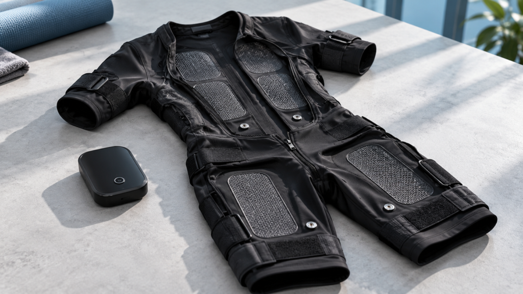 EMS suit lifespan guide showing conductive fabric electrodes, garment connectors, and a detached controller.