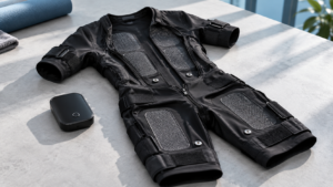 EMS suit lifespan guide showing conductive fabric electrodes, garment connectors, and a detached controller.