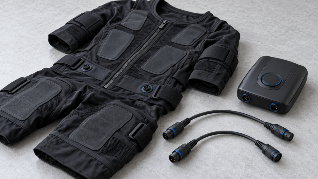 EMS cables and connectors arranged beside a black training suit and detached controller.