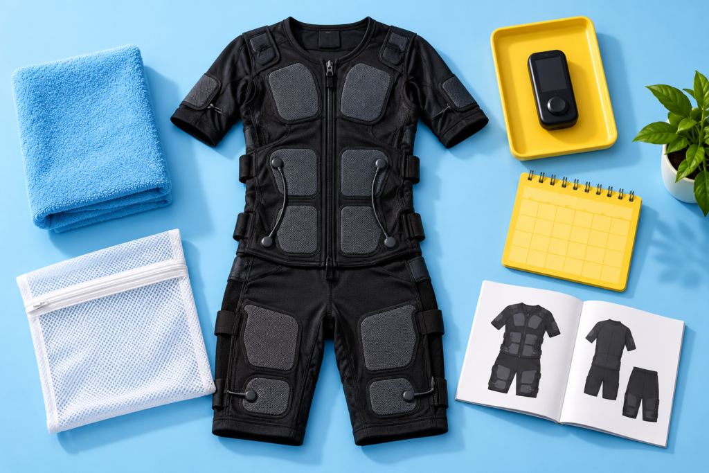 How often to wash EMS suit illustrated by a garment beside a detached controller, laundry bag, care guide, and blank calendar.