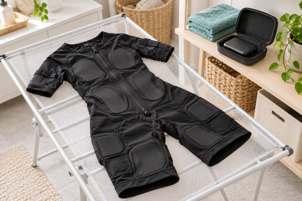 How to dry an EMS suit, illustrated by a garment on a mesh drying rack with its detachable power box stored separately.