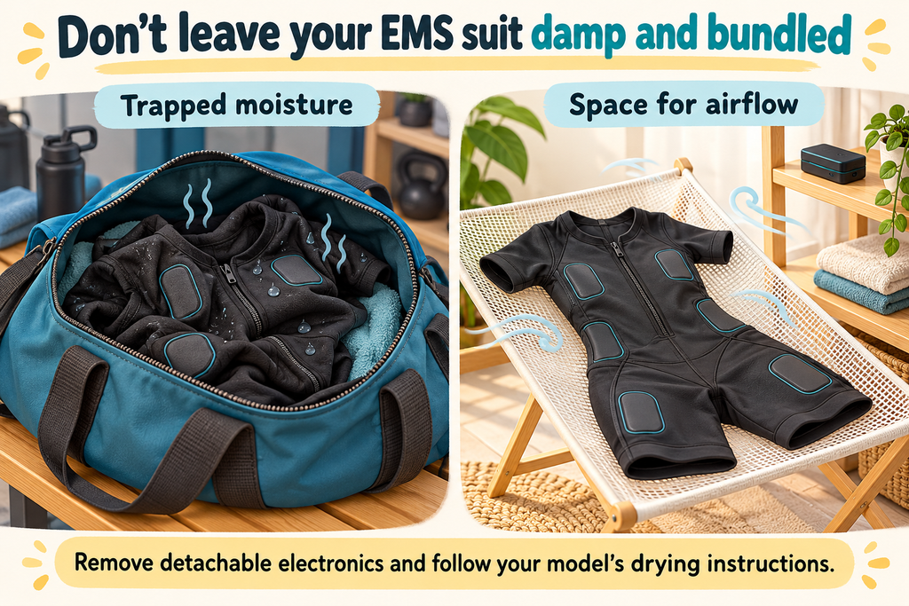 Illustration showing how to dry an EMS suit with airflow and detachable electronics removed, rather than leaving it damp in a gym bag.