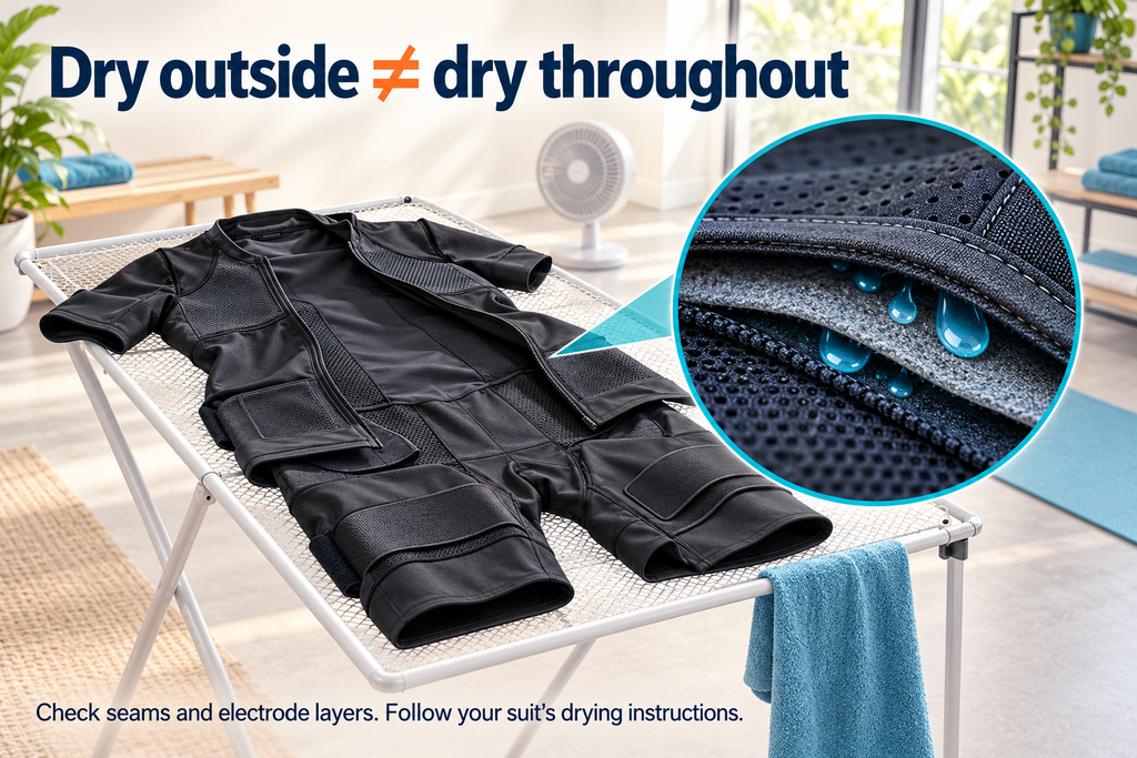 Remove odor from EMS suit by checking for trapped moisture in seams and electrode layers before storage.