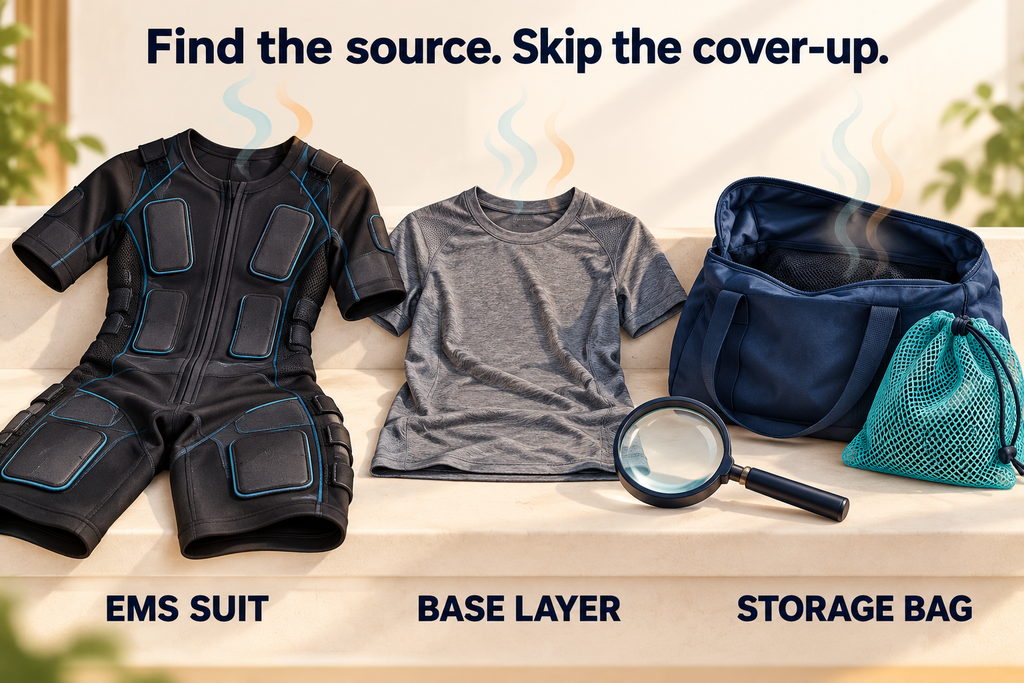 Remove odor from EMS suit by checking the garment, base layer, and storage bag separately for odor sources.