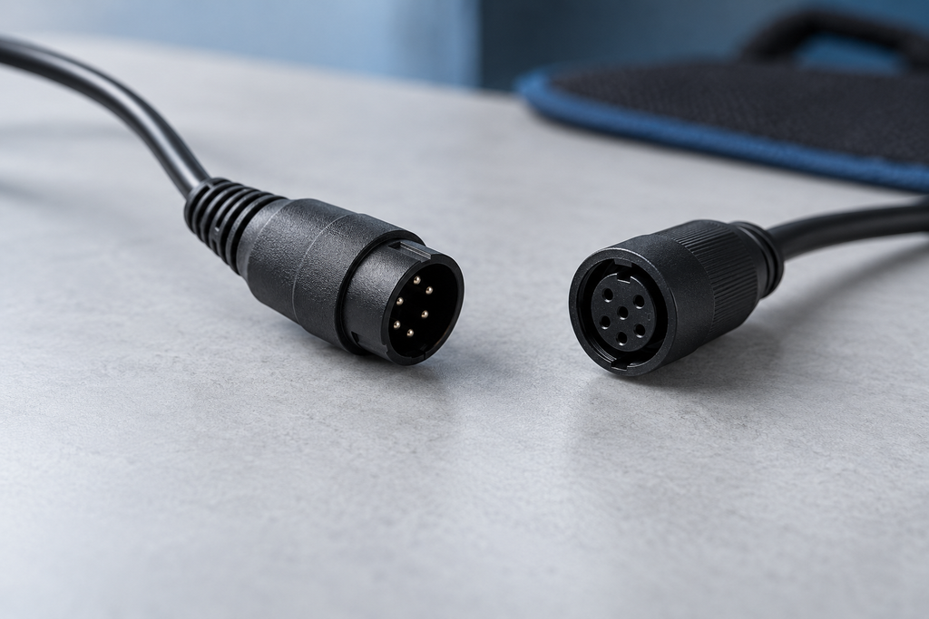 Inspect EMS cables and connectors showing disconnected plugs, insulation, and strain-relief sleeves.