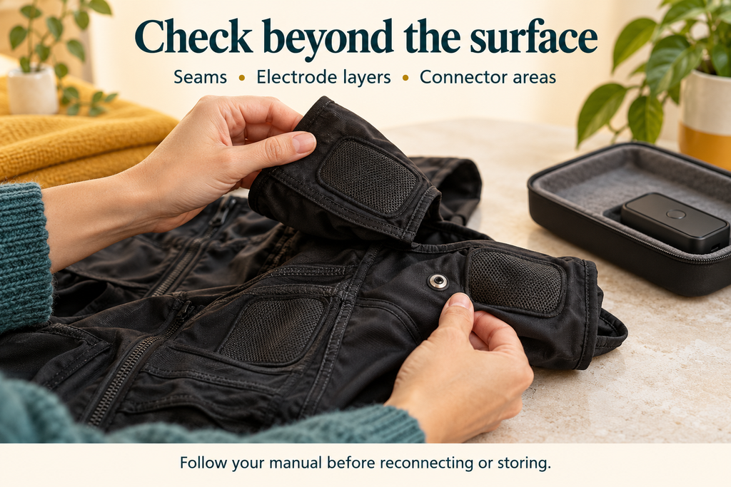 How to dry an EMS suit, showing a final check of seams, electrode layers, and connector areas before storage.