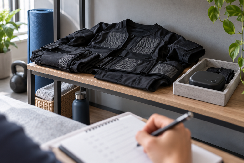 EMS suit lifespan maintenance tracking with a clean garment and detached controller.