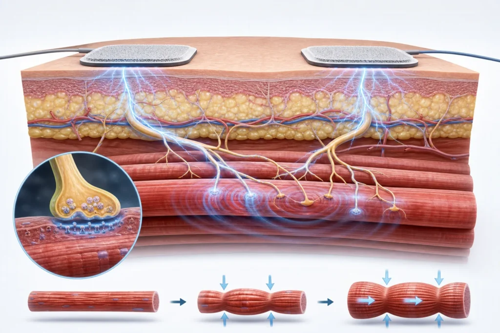 Medical cutaway showing surface electrodes, skin, motor nerves, neuromuscular junctions, and contracting skeletal muscle fibers.
