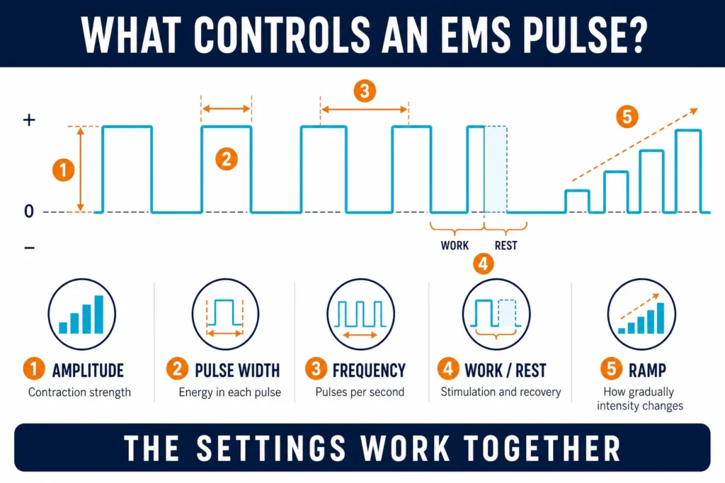 Biomedical waveform diagram illustrating changes in pulse amplitude, width, frequency, work-rest intervals, and ramp.