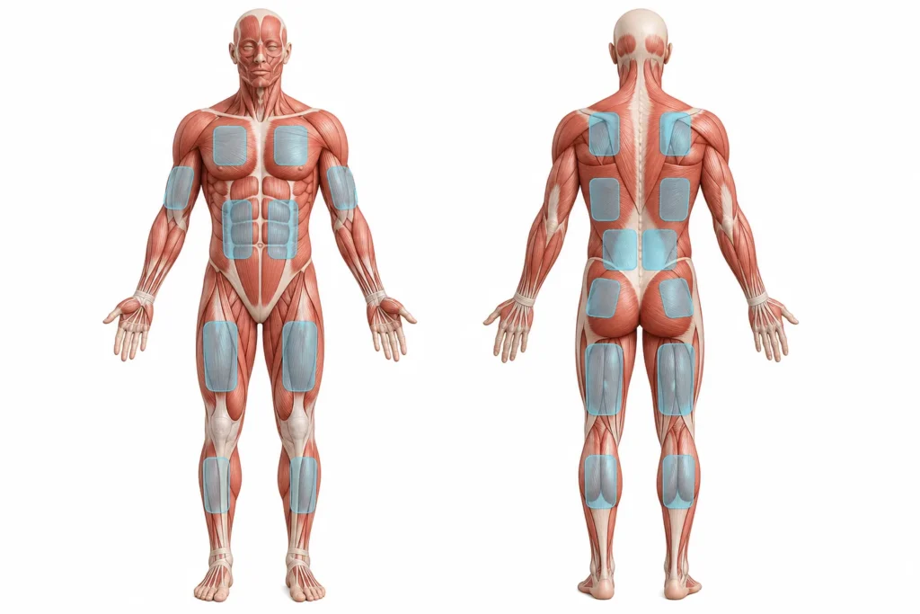 Front and back anatomical muscle maps with neutral electrode zones over major muscle groups.